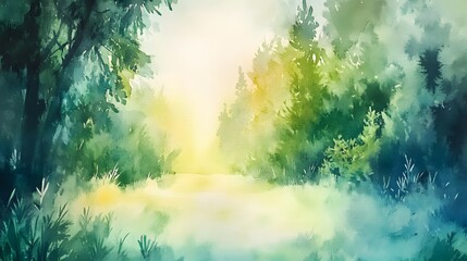 Fototapeta premium Gentle sunlight filters through a misty forest.