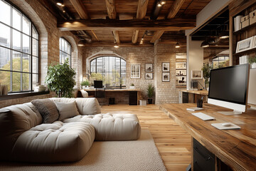 Interior design: 3D rendering mock-up of elegant  workplace in a  renovated loft with desks and comfortable sitting area for informal meetings
