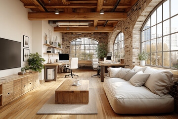 Interior design: 3D rendering mock-up of elegant open workplace in a wooden and stone renovated loft with desks and comfortable sitting area for informal meetings