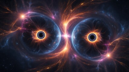 Obraz premium Two black holes collide in a colorful cosmic event with swirling energy.