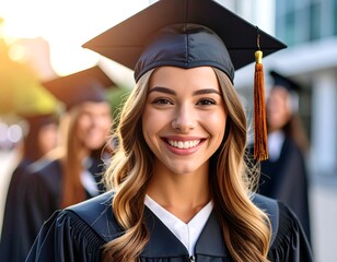 A smiling graduate in cap and gown, with fellow graduates in the background (1)