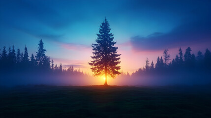 Silhouette of a Single Tree at Sunset in a Misty Forest