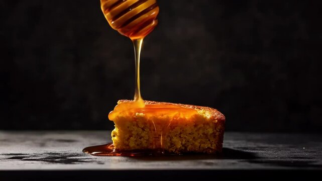 Honey is poured onto a slice of cornbread in dark studio setup.