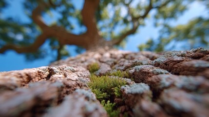 A close up of a tree trunk with moss growing out of it