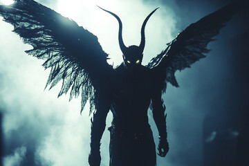 A winged demon with long horns and glowing eyes silhouette