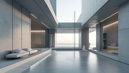 Modern architectural design of a minimalist concrete villa with ocean view