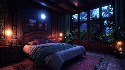Night bedroom, forest view, moonlit, cozy interior, relaxing ambiance