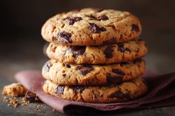 Frische Schokoladenkekse Chocolate Chip Cookies gestapelt knusprig hausgemacht Kekse mit Schokostückchen Gebäck Backwaren Keksstapel süßes Gebäck Dessert Snack Leckerei Food Fotografie Nahaufnahme