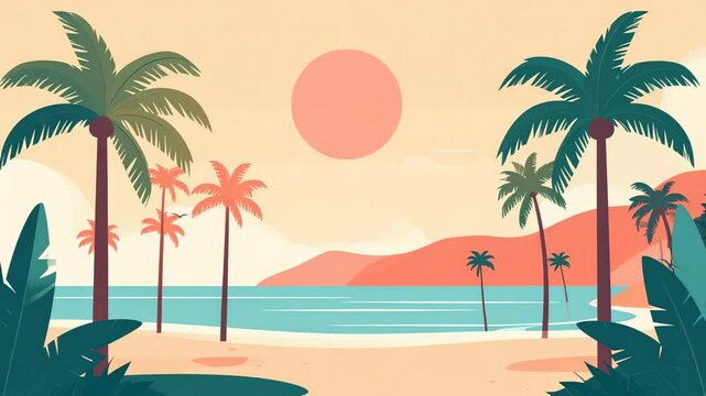 Tropical beach scene with palm trees, sand, water, distant hills, and a warm sun