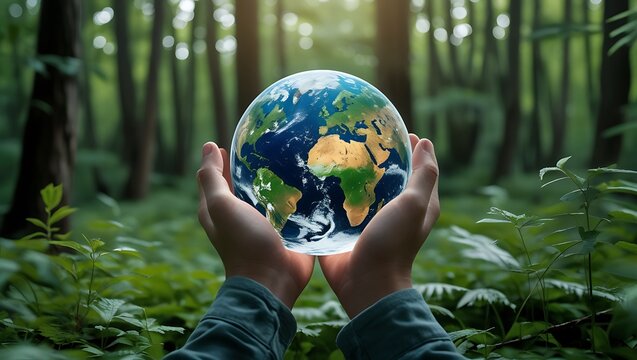Delicate balance: Hands cradling Earth amidst lush woodland foliage