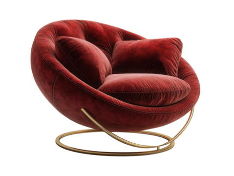 Luxurious Embrace: A modern armchair cocooned in rich, plush red fabric, its inviting form suggesting comfort and elegance. The gold base adds a touch of sophistication to this statement piece.