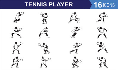 Tennis player silhouette icons. Set of tennis players collection.