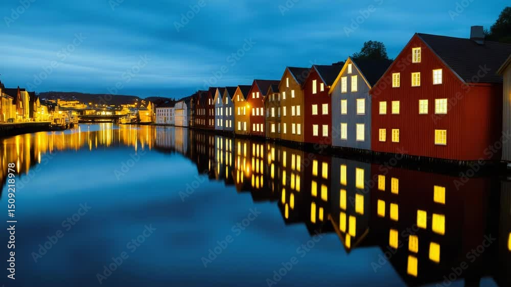 Poster a row of colorful houses situated next to a body of water, suitable for use in travel or vacation re