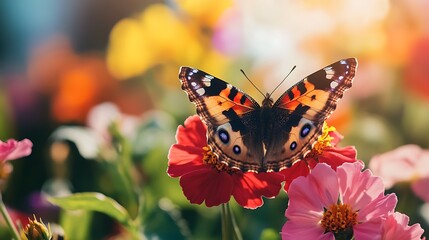 Naklejka premium A close-up of a butterfly resting on a vibrant flower in a sunny meadow 