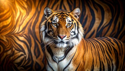 Fototapeta premium A striking tiger with vivid striped fur poses against a matching tiger print background, captured in bright studio lighting that highlights its fierce gaze, majestic power, and wild elegance