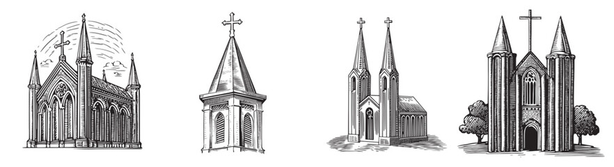 Collection of Vintage Church Illustrations in Black and White Style, logo design, engraving design, vector illustration