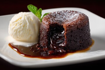Warmer Schokoladen Lava Kuchen mit flüssigem Kern und Vanilleeis Dessert Gourmet Süßspeise Nachtisch Fondant au Chocolat Schokolade Kuchen Schokokuchen mit Beeren Frisch Gebacken Festlich Serviert Foo