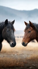 Two horses interact in a serene landscape during a calm morning near hills
