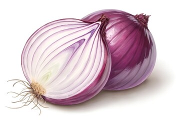 Fresh red onion halved and whole isolated on white background