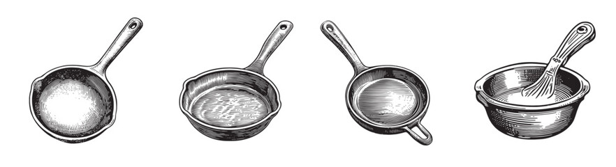Vintage Kitchenware Collection: Sieve, Frying Pan, Bowl, Whisk, vintage retro hipster logo design, vector illustration, engraving design