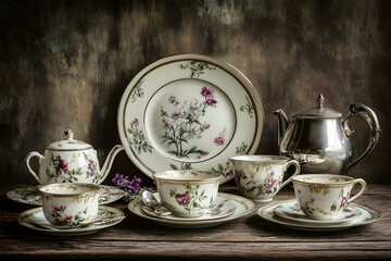 Fototapeta premium Elegant floral porcelain tea set with silver teapot on rustic wooden table