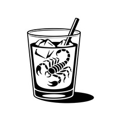 Scorpion Drink: A monochromatic illustration presents a glass of cocktail with ice cubes, a stir stick and the scorpion inside.