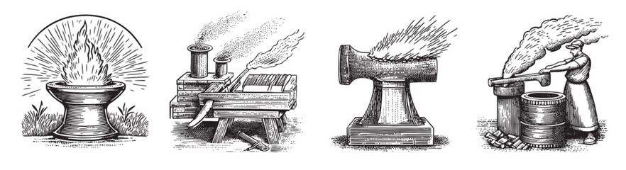 Fototapeta premium Vintage Illustrations of Blacksmith Tools and Techniques, Set Logo design, Vector Illustration, Engraving style