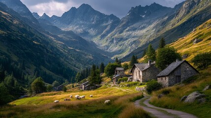 Obraz premium Winding roads through a tranquil alpine village in the Austrian Alps with roaming goats
