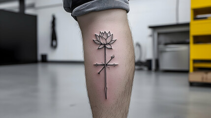Minimalist Black Line Art Flower Tattoo on Leg