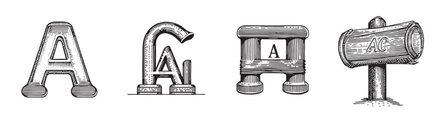 Vintage Styled Letters A in Various Designs and Materials, set vector illustration