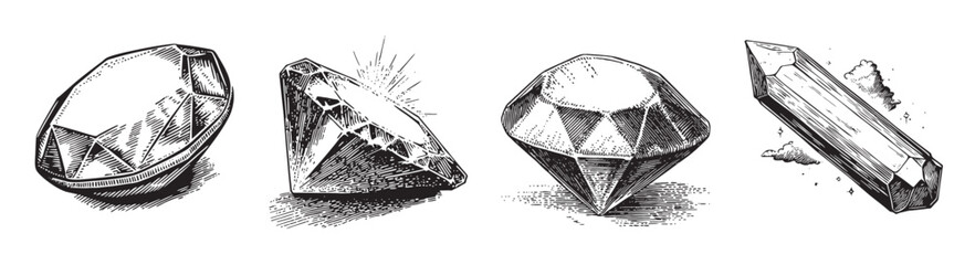 Vintage Illustrations of Various Diamond Shapes and Cuts, set vector illustration