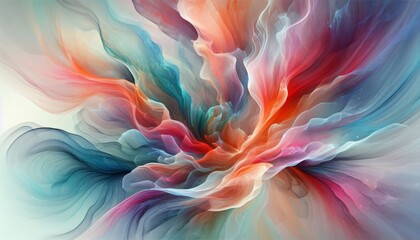 Obraz premium Bright translucent shades of coral, teal, magenta, and orange flow through abstract watercolor layers, glowing against a light, airy background