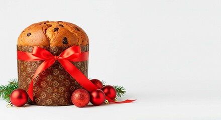 Panettone with red ribbon and ornaments on a white surface christmas theme