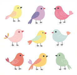 Fototapeta premium Delight in this charming flat vector illustration featuring adorable birds in various colors. Each bird presents a unique expression creating a whimsical atmosphere perfect for childrens designs