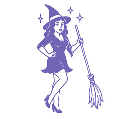 Retro Witch Holding Broomstick Vector Illustration