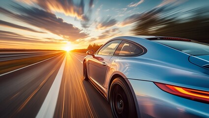 Naklejka premium Dynamic automotive motion shot on open road at sunset with blurred background