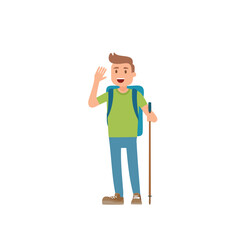 Fototapeta premium Happy hiker man waving backpack trekking stick