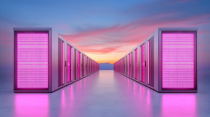 Rows of Pink Lit Servers at Sunset