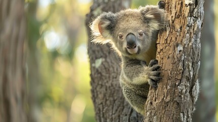 Obraz premium Relaxing koala nestled comfortably in a eucalyptus tree, enjoying nature s serenity