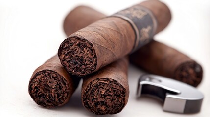 Three premium cigars and cutter on white