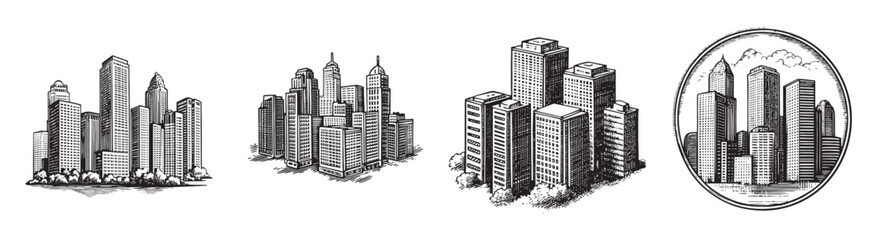 Vintage Black and White Skyscrapers Collection with City Skyline Images, set vector illustration