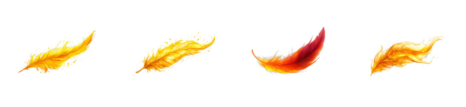 Set of colorful feathers, flame theme, quill, cut out transparent