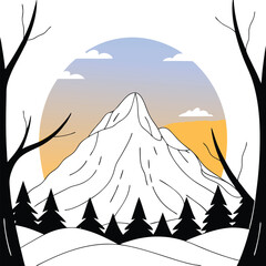 Minimalist mountain landscape scene with trees clouds and transparent background