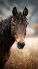 Obraz premium Majestic brown horse standing in a golden grass field during a quiet afternoon in nature
