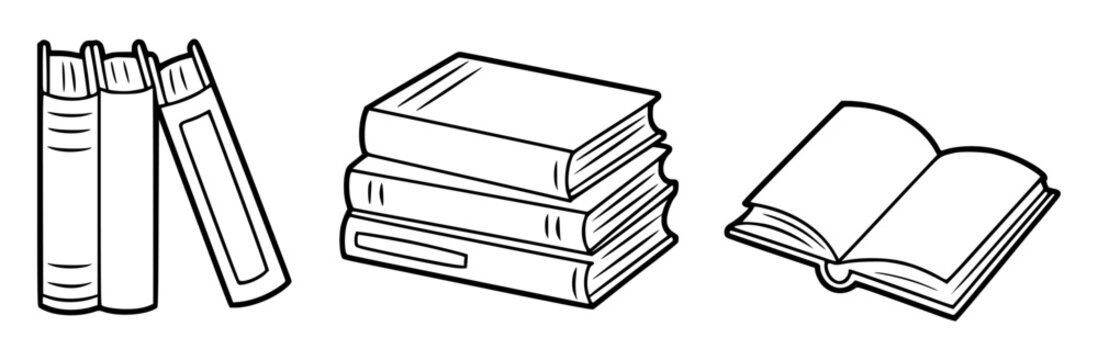 Simple black and white illustrations of books