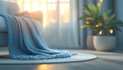 Cozy knitted throw on modern sofa warm sunlight interior