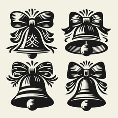 Set of vintage-style black and white Christmas bells with bows and ribbons. Hand-drawn in linocut technique with bold lines and high contrast, perfect for retro holiday designs.