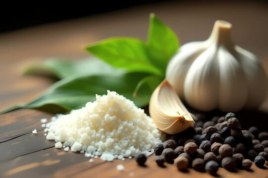 image shows wooden table variety spices including garlic black peppercorns white rice well leaves