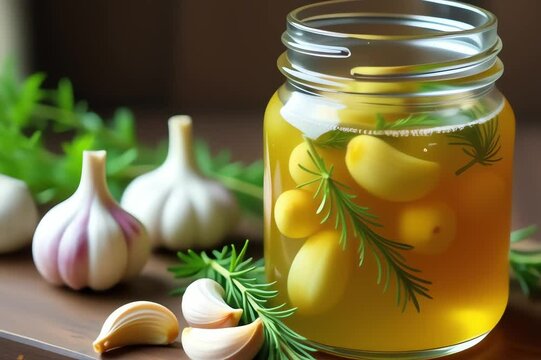 image shows wooden cutting board jar pickled garlic rosemary jar filled yellow liquid likely garlic