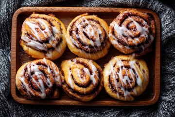 Fototapeta premium Zimtschnecken Gebäck mit Zimt Zimtschnecken mit Zuckerguss Frische Hefeschnecken Süßes Gebäck Zimtrollen Backwaren Frühstück Brunch Dessert Hefegebäck Zimtgebäck Hausgemacht Leckerei Bäckerei